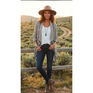 White House Black Market Fringe Trim Draped Open Front Cardigan Sweater Brown S